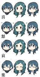  1boy 2girls blue_eyes byleth_(female)_(fire_emblem) byleth_(fire_emblem) byleth_(male)_(fire_emblem) chibi closed_eyes commentary_request expressionless expressions fire_emblem fire_emblem:_three_houses hair_between_eyes head_only highres ijiro_suika looking_at_viewer medium_hair mother_and_daughter mother_and_son multiple_girls multiple_views no_mouth no_nose parted_bangs pout sad short_hair simple_background sitri_(fire_emblem) smile sweatdrop translated white_background 