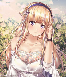  blonde_hair blouse blue_sky blush breasts bush cleavage cloud cloudy_sky day double_bun female fletcher_(kancolle) flower hair_bun hair_ornament hairband juurouta kantai_collection large_breasts long_hair looking_at_viewer off_shoulder outdoors purple_eyes rose shirt sky smile solo star_(symbol) star_hair_ornament twitter_username upper_body white_shirt wristband 