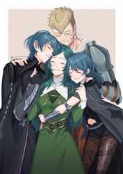  2boys 2girls aequorine armor beard black_gloves black_shorts blue_hair brown_hair byleth_(fire_emblem) byleth_(fire_emblem)_(female) byleth_(fire_emblem)_(male) cape closed_eyes closed_mouth dress facial_hair family fire_emblem fire_emblem:_three_houses gloves holding_hands hug jeralt_reus_eisner long_hair long_sleeves multiple_boys multiple_girls navel navel_cutout pantyhose short_hair short_shorts shorts simple_background sitri_(fire_emblem) smile twitter_username 