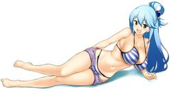  :d aqua_(konosuba) bare_shoulders barefoot bikini bikini_under_clothes blue_eyes blue_hair blush breasts cleavage collarbone commentary_request female hair_between_eyes hair_ornament hair_rings hatakenaka_(kamagabuchi) highres kono_subarashii_sekai_ni_shukufuku_wo! large_breasts long_hair looking_at_viewer lying navel no_shirt on_side open_mouth short_shorts shorts simple_background skindentation smile solo striped_bikini striped_clothes swimsuit white_background 