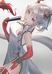  :d arknights bare_shoulders bead_bracelet beads bracelet braid breasts china_dress chinese_clothes commentary cowboy_shot dress fat123 female folded_fan folding_fan grey_background hand_fan hand_up highres holding holding_fan horns jewelry looking_at_viewer medium_breasts nian_(arknights) nian_(unfettered_freedom)_(arknights) official_alternate_costume pointy_ears purple_eyes red_hair short_hair single_braid sleeveless sleeveless_dress smile solo standing tail white_dress white_hair 