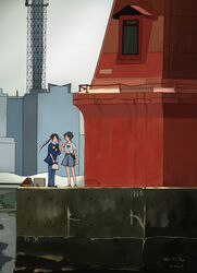  2girls black_hair blue_shirt casual commentary day denim denim_shorts grey_pants grey_shorts grey_sky highres kantai_collection kuragare mikuma_(kancolle) mogami_(kancolle) multiple_girls official_alternate_costume outdoors pants pier scenery shirt short_hair shorts sky standing t-shirt tower twintails warehouse white_shirt 