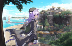  animal_ear_fluff animal_ears ao_ne bad_id bad_pixiv_id beret black_coat black_hat black_shorts cat_ears cat_girl cat_tail closed_mouth coat commentary female frilled_sleeves frills hat highres holding holding_map hololive long_sleeves looking_at_viewer map nekomata_okayu nekomata_okayu_(wonderland) ocean official_alternate_costume outdoors playing_card_theme purple_eyes purple_hair shirt shorts solo stole tail virtual_youtuber white_shirt 