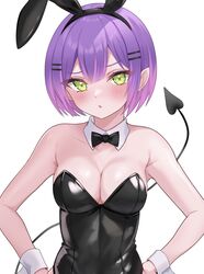  alternate_costume animal_ears black_bow black_bowtie black_leotard blush bow bowtie breasts cleavage commentary demon_tail detached_collar ear_piercing fake_animal_ears fawny female gradient_hair green_eyes hair_ornament hairpin highres hololive leotard looking_at_viewer medium_breasts multicolored_hair open_mouth piercing pink_hair playboy_bunny purple_hair rabbit_ears short_hair solo strapless strapless_leotard streaked_hair tail tokoyami_towa virtual_youtuber white_background wrist_cuffs 