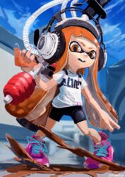  absurdres bike_shorts blue_sky chamu_(chammkue) cloud day female goo_tuber_(splatoon) headphones highres ink_tank_(splatoon) inkling inkling_girl inkling_player_character legs_apart long_hair open_mouth orange_eyes orange_hair outdoors paint pigeon-toed pink_footwear shirt shoelaces shoes short_sleeves sky sneakers solo splatoon_(series) splatoon_2 standing suction_cups t-shirt teeth tentacle_hair twitter_username very_long_hair white_shirt 