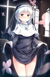  :3 absurdres black_robe blurry blurry_background blush breasts capelet commentary_request cowboy_shot duel_monster female flower ghost_sister_&amp;_spooky_dogwood habit highres indoors jewelry kanzakietc light_rays long_hair long_sleeves looking_at_viewer medium_breasts necklace nose_blush nun robe robe_lift sidelocks smile solo sunbeam sunlight white_capelet white_hair window yellow_eyes yu-gi-oh! 