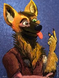  3:4 african_wild_dog anthro big_ears brown_body brown_fur canid canine claws dragonsica finger_claws fur green_eyes half-length_portrait human_to_anthro male mammal portrait purple_background simple_background solo species_transformation tan_body tan_skin tongue tongue_out transformation 