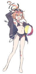  :d ahoge arm_up ball bare_legs barefoot beachball bikini bikini_under_clothes black_bikini black_jacket blue_archive braid brown_hair carrying carrying_under_arm chains commentary_request eyewear_on_head female flat_chest frilled_bikini frills full_body hair_between_eyes halo highres hood hood_down hooded_jacket jacket mole mole_under_each_eye mole_under_eye multiple_moles navel neru_(blue_archive) neru_(swimsuit)_(blue_archive) oerba_yun_fang open_clothes open_jacket red_eyes signature simple_background single_braid smile solo standing stomach sunglasses swimsuit white_background zekkyou_(h9s9) 