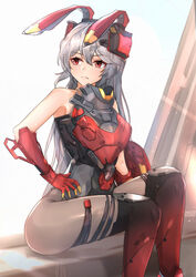  absurdres animal_ears armor bare_shoulders black_pantyhose boots breasts charolic_(girls&#039;_frontline_2) closed_mouth feet_out_of_frame female gauntlets girls&#039;_frontline girls&#039;_frontline_2:_exilium grey_hair hand_on_own_hip hands_on_own_hips highres holding holding_shield leotard long_hair looking_away mechanical_ears muteppona_hito pantyhose rabbit_ears red_eyes shield simple_background sitting solo sunlight thighs 