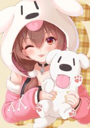  ;p absurdres animal animal_ears animal_hood black_tank_top blush brown_background brown_hair canine closed_mouth commentary_request cropped_torso dog_ears dog_hood eyebrows_hidden_by_hair fake_animal_ears female fur-trimmed_sleeves fur_trim hair_between_eyes hands_up highres holding holding_animal hololive hood hoso-inu inugami_korone inugami_korone_(loungewear) long_sleeves nyoon one_eye_closed pink_sleeves plaid plaid_background puffy_long_sleeves puffy_sleeves red_eyes sleeves_past_wrists smile tank_top tongue tongue_out upper_body virtual_youtuber 