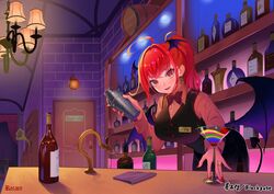  :d ahoge artist_name bar_(place) black_skirt black_vest black_wings bottle bow bowtie breasts ceiling_light cherry cocktail_glass commentary_request commission cup demon_tail demon_wings door drinking_glass earrings female food fruit head_wings heart heart_earrings highres indoors jewelry jpeg_artifacts koakuma large_breasts layered_drink leaning_forward lips long_hair long_sleeves looking_at_viewer nail_polish open_mouth parted_lips phonograph ponytail recare red_eyes red_hair red_nails ring shirt skirt smile solo tail touhou vest wings 