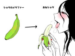  age_difference banana blush fellatio female fingernails food from_side fruit hair_between_eyes half-closed_eyes long_hair nail_polish onee-shota open_mouth oral original phallic_symbol red_eyes red_nails sexually_suggestive simulated_fellatio solo solopipb tongue tongue_out translated 