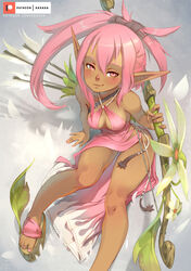  arrow_(projectile) blush bow_(weapon) breasts center_opening commentary completion_time cra_(wakfu) dark-skinned_female dark_elf dark_skin dress elf english_commentary female fingerless_gloves flower gloves halter_dress halterneck holding holding_weapon long_hair long_pointy_ears looking_at_viewer making-of_available on_ground patreon_username pink_dress pink_eyes pink_hair pink_nails pink_theme pointy_ears quiver redrawn sandals side-tie_dress sitting small_breasts solo textless_version toenails updo wakfu watermark weapon web_address xaxaxa 