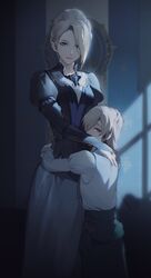  1boy anabella_rosfield arashiko_falcom blonde_hair bridal_gauntlets dress female final_fantasy final_fantasy_xvi hair_bun hair_over_one_eye highres hug looking_at_viewer mother_and_son olivier_lesage puffy_sleeves standing 