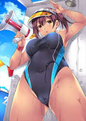  arm_up armpits bare_arms bare_shoulders black_one-piece_swimsuit blue_sky blush breasts brown_hair cloud cloudy_sky competition_swimsuit covered_navel cowboy_shot day female groin hair_between_eyes highleg highleg_swimsuit highres holding holding_megaphone large_breasts legs_apart looking_at_viewer medium_breasts megaphone mizuhara_yuu non-web_source one-piece_swimsuit one-piece_tan open_mouth original outdoors photoshop_(medium) short_hair shower_(place) shower_head showering sky solo standing sway_back swimsuit tan tanlines tile_wall tiles two_side_up wet wet_clothes wet_swimsuit whistle whistle_around_neck yellow_eyes 