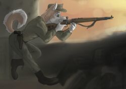  anthro brown_eyes canid canine digital_media_(artwork) gun handgun holding_object holding_weapon kar98k male mammal medibang_paint_(artwork) military ranged_weapon revolver rifle soldier solo warrior weapon wolfyalex96 