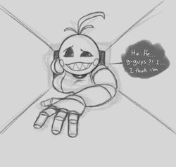  2021 ?! animatronic anthro avian beakless bib big_breasts bird breasts chicken dangodanger dialogue digital_media_(artwork) ellipsis english_text exclamation_point female five_nights_at_freddy&#039;s five_nights_at_freddy&#039;s_2 galliform gallus_(genus) lying machine monochrome non-mammal_breasts on_front phasianid question_mark robot scottgames smile solo speech_bubble stuck_in_vent text through_wall toy_chica_(fnaf) vent 