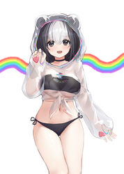  2022_winter_olympics :d absurdres animal_ears bad_id bad_pixiv_id bandeau bikini bikini_under_clothes bing_dwen_dwen black_bikini black_eyes black_hair blush breasts commentary_request cropped_hoodie female hair_between_eyes hand_up highres hood hood_up hoodie large_breasts looking_at_viewer midriff multicolored_hair navel olympic_rings olympics panda_ears personification see-through see-through_hoodie side-tie_bikini_bottom smile solo standing strapless streaked_hair swimsuit tube_top white_hair ziyue 