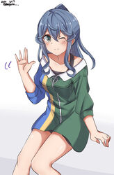  alternate_costume bad_id bad_twitter_id blue_eyes blue_hair collarbone commentary_request dress feet_out_of_frame female gotland_(kancolle) green_dress highres invisible_chair kantai_collection long_hair looking_at_viewer meguru_(megurunn) mole mole_under_eye multicolored_clothes multicolored_dress one-hour_drawing_challenge one_eye_closed ponytail simple_background sitting smile solo waving white_background 