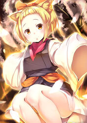  :3 abstract_background absurdres animal_ears ash_blossom_&amp;_joyous_spring ass bangs_pinned_back bare_legs blonde_hair blush commentary_request cowboy_shot dog_ears dog_girl duel_monster female floating forehead grey_kimono hair_ribbon highres japanese_clothes kanzakietc kimono long_sleeves looking_at_viewer orange_ribbon outstretched_arms red_scarf ribbon sash scarf short_hair short_kimono sidelocks sleeves_past_fingers sleeves_past_wrists smile solo white_kimono yellow_eyes yu-gi-oh! 