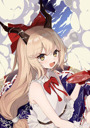  absurdres alcohol armpits bare_shoulders belt blonde_hair blue_bow blue_skirt bow bowtie brown_eyes chains cloud cuffs cup drunk female gourd hairbow highres horn_bow horn_ornament horn_ribbon horns ibuki_suika long_hair looking_at_viewer low-tied_long_hair open_mouth red_bow red_bowtie ribbon sakazuki sake shirt sitting skirt sleeveless sleeveless_shirt smile solo torn_clothes torn_sleeves torry912 touhou white_shirt wrist_cuffs 