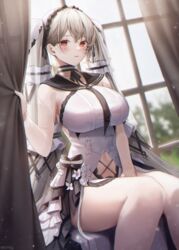  absurdres artist_name azur_lane black_choker black_sailor_collar blurry blurry_background blush breasts bridal_gauntlets choker clothing_cutout commentary curtain_grab curtains dress female formidable_(azur_lane) formidable_(timeless_classics)_(azur_lane) hair_ribbon hand_up highres indoors large_breasts light_particles long_hair looking_at_viewer meoyo midriff navel official_alternate_costume parted_lips red_eyes ribbon sailor_collar sitting solo stomach_cutout veil very_long_hair white_dress white_hair window 