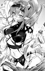  :d antenna_hair arknights arm_behind_back arm_up ba_kanoko bare_shoulders bikini black_bikini breasts cowboy_shot crocodilian_tail cup female gavial_(arknights) greyscale hair_between_eyes highres holding holding_cup large_breasts long_hair long_sleeves looking_at_viewer monochrome navel official_alternate_costume open_mouth pointy_ears ponytail smile solo stomach swimsuit tail underboob very_long_hair visor_cap 