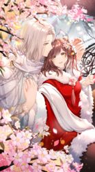  1boy :d absurdres branch brown_hair cherry_blossoms chinese_clothes closed_mouth female flower green_eyes hair_flower hair_ornament hanfu highres holding_hands long_hair long_sleeves nana895 open_mouth pink_flower rosa_(tears_of_themis) smile tears_of_themis vyn_richter_(tears_of_themis) white_hair yellow_eyes 