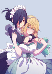  2girls absurdres apron aqua_background aqua_dress arms_around_neck black_dress black_hair blonde_hair blue_eyes blush braid breasts commentary_request dress earrings eyebrows_hidden_by_hair frilled_apron frills hair_between_eyes hair_bun hair_ornament hair_over_one_eye headband highres hug hug_from_behind jewelry kagawa_yuusaku long_bangs long_sleeves looking_at_another looking_to_the_side maid maid_apron maid_headdress multiple_girls novel_illustration official_art oujo-sama_ga_meido_ni_kankin_sa_reru_hanashi patterned_clothing red_eyes sidelocks simple_background single_hair_bun sleeveless sleeveless_dress twin_braids yuri 