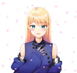  blonde_hair blue_dress blue_eyes blush chiyuki_fujito commentary_request dress female highres long_hair long_sleeves looking_at_viewer md5_mismatch qoray7 runway_de_waratte simple_background smile solo upper_body 