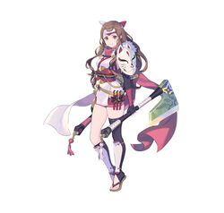  absurdres armor asymmetrical_legwear axe battle_axe breasts brown_eyes brown_hair closed_mouth commentary_request detached_sleeves dual_wielding elbow_gloves enkyo_yuuichirou female fingerless_gloves fire_emblem fire_emblem_fates fire_emblem_heroes fox_mask full_body fur_trim gloves hana_(fire_emblem) hana_(ninja)_(fire_emblem) headband highres holding holding_weapon japanese_clothes lips long_hair looking_at_viewer mask medium_breasts ninja official_art reverse_grip sandals shin_guards shoulder_armor shuriken smile solo standing sword thighs tied_hair toeless_legwear toes uneven_legwear weapon white_background 