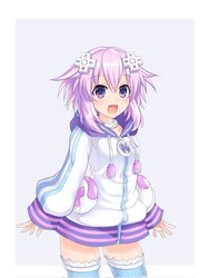  choker commentary_request d-pad female hair_ornament highres hood hood_down hooded_jacket jacket kazuneko_(wktk1024) neptune_(neptunia) neptune_(series) open_mouth purple_eyes purple_hair smile striped_clothes striped_thighhighs thighhighs 