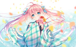  blue_flower blush brown_flower commentary_request female flower grin hair_between_eyes hair_flower hair_ornament head_tilt holding holding_flower liver_city long_hair long_sleeves looking_at_viewer petals pink_flower pink_hair plaid_kimono red_flower sion_kirano sleeves_past_wrists smile solo suimya twintails very_long_hair virtual_youtuber wide_sleeves 