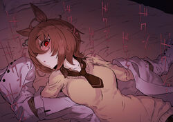  agnes_tachyon_(umamusume) ahoge animal_ears blush brown_necktie brown_sweater female hair_between_eyes horse_ears horse_girl lab_coat looking_at_viewer lying necktie on_back on_bed parted_lips red_eyes short_necktie sleeves_past_fingers sleeves_past_wrists solo solopipb sweater umamusume 