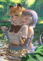  4_ears :d adolescent amazing_background animal_humanoid animal_print armwear asian_small-clawed_otter_(kemono_friends) bare_shoulders biped blonde_hair blush bottomwear bow_tie breasts closed_eyes clothed clothing day detailed detailed_background dipstick_ears duo ear_markings elbow_gloves felid felid_humanoid female female/female fingerless_gloves forest fully_clothed glistening glistening_hair gloves grass grey_hair hair hand_holding handwear hug hugging_another hugging_from_behind human_and_animal_ears humanoid inner_ear_fluff jaguar_(kemono_friends) jaguar_humanoid kemono_friends light light_body light_skin looking_at_another mammal mammal_humanoid multi_ear multicolored_ears multicolored_hair mustelid mustelid_humanoid neck_tuft open_mouth open_smile otter otter_humanoid outside pantherine pantherine_humanoid partially_submerged plant romantic romantic_couple shirt short_hair shrub skirt smile spots spotted_hair standing sunlight takami_masahiro teeth tongue topwear tree tuft two_tone_hair water white_clothing white_hair white_shirt white_topwear yellow_eyes young 