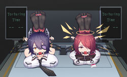  2girls arknights ball_gag bondage bondage bound bound_toes breasts checkered_clothes checkered_necktie crossover exusiai_(arknights) eyepatch feet gag gagged hair_over_one_eye halo highres juzi_(orange8619) kantai_collection legs_up lying multiple_girls name_tag necktie no_shoes on_stomach purple_hair red_hair short_hair soles tenryuu_(kancolle) yellow_eyes 