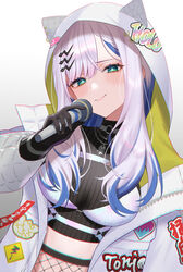  animal_ears animal_hood aotake_iro black_gloves black_shirt blue_hair blush braid braided_bangs breasts closed_mouth commentary_request crop_top ear_piercing fake_animal_ears female gloves gradient_background green_eyes grey_background hair_ornament hairclip head_tilt highres holding holding_microphone hololive hololive_indonesia hood hood_up hooded_jacket jacket long_hair looking_at_viewer medium_breasts microphone multicolored_hair official_alternate_costume open_clothes open_jacket pavolia_reine pavolia_reine_(streetwear) piercing purple_hair ribbed_shirt shirt smile solo streaked_hair upper_body virtual_youtuber white_background white_jacket 