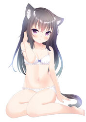  &gt;:( animal_ear_fluff animal_ears black_hair bra breasts cat_ears cat_girl cat_tail female full_body long_hair original panties purple_eyes simple_background sitting small_breasts solo tail umi_suzume underwear underwear_only v-shaped_eyebrows white_background white_bra white_panties yokozuwari 