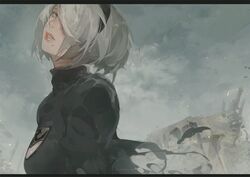  2b_(nier:automata) black_dress black_hairband blue_eyes breasts cleavage_cutout clothing_cutout dress female grey_sky hair_over_one_eye hairband ian_olympia juliet_sleeves long_sleeves medium_breasts mole mole_under_mouth nier:automata nier_(series) no_blindfold parted_lips pink_lips puffy_sleeves short_hair sky solo white_hair 