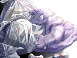  black_eyes can commentary_request eating grimer looking_up mukiguri no_humans open_mouth pokemon pokemon_(creature) solo trash_bag white_background 