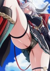  :d antenna_hair armor asymmetrical_horns azur_lane black_dress black_gloves black_panties blue_sky breasts brown_sash cameltoe cleavage cloud commentary_request cowboy_shot day dress female from_below gloves grey_hair groin hair_between_eyes hakuryuu_(azur_lane) highres holding holding_sword holding_weapon horns huge_weapon japanese_armor large_breasts looking_at_viewer makiri_akira mismatched_horns open_mouth panties partial_commentary pleated_dress sash short_dress sideboob sidelocks skindentation sky smile solo standing standing_on_one_leg suneate sword teeth thigh_strap underwear upper_teeth_only upskirt weapon white_eyes white_sash wide_sleeves 