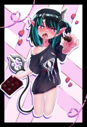  absurdres black_border black_hair black_shirt blue_hair blush border box bright_pupils candy chocolate commentary_request cropped_legs demon_girl demon_horns demon_tail ear_blush eye_of_providence feet_out_of_frame female flat_chest food hair_between_eyes heart heart-shaped_chocolate heart-shaped_pupils highres holding holding_box holding_chocolate holding_food horns incoming_food indirect_kiss long_tongue looking_at_viewer medium_hair multicolored_hair nanashi_inc. nose_blush oerba_yun_fang off_shoulder official_alternate_costume one_side_up open_mouth pointy_ears red_eyes rgm_jesta saliva saliva_trail shirt shishio_chris shishio_chris_(3rd_costume) short_sleeves solo sugar_lyric symbol-shaped_pupils tail tongue two-tone_hair valentine virtual_youtuber white_pupils zipper 