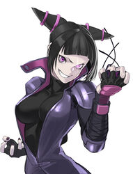  absurdres black_hair breasts diffraction_spikes eyepatch female fingerless_gloves gloves hair_horns haishima_xv highres holding holding_eyepatch juri_han looking_at_viewer nail_polish purple_eyes short_hair simple_background smile solo street_fighter street_fighter_v white_background 