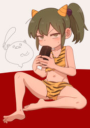  absurdres animal_print bare_legs bare_shoulders barefoot blush commentary female food full_body green_eyes green_hair highres horns igarashi_futaba_(shiromanta) loincloth looking_at_viewer makizushi medium_hair navel oni_costume oni_horns ponytail senpai_ga_uzai_kouhai_no_hanashi setsubun shiromanta shiromanta_(character) sidelocks sitting sushi sweatdrop symbol-only_commentary tiger_print two-tone_background 