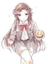  baumkuchen blush bow bowtie brown_hair cake closed_mouth collared_shirt commentary_request crossed_legs feet_out_of_frame female food fork grey_jacket grey_skirt hair_ornament hairbow hands_up holding holding_fork holding_plate invisible_chair jacket light_smile long_hair long_sleeves looking_at_viewer miniskirt open_clothes open_jacket parted_bangs plate pleated_skirt purple_bow purple_eyes red_bow red_bowtie school_uniform seishou_music_academy_uniform shirt shirt_tucked_in shoujo_kageki_revue_starlight sidelocks simple_background sitting skirt solo sparkle tendou_maya very_long_hair wato_(ko) white_background white_shirt x_hair_ornament 