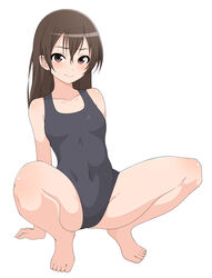  absurdres barefoot black_hair black_one-piece_swimsuit brown_eyes collarbone commentary_request female flat_chest full_body highres ito_kashiwamochi long_hair looking_at_viewer one-piece_swimsuit original school_swimsuit simple_background solo squatting swimsuit white_background 