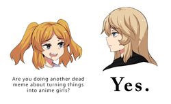  2girls blonde_hair blue_eyes closed_mouth collaboration drooling empty_eyes english_text expressionless from_side highres hinghoi long_hair meme merryweather multiple_girls open_mouth original saliva simple_background smile twintails two_side_up upper_body white_background yes yes_chad_(meme) 