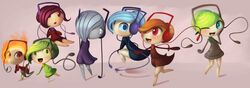  6+girls ;d black_dress blue_eyes blue_hair brown_dress creature dress fiery_hair floating full_body gen_5_pokemon grey_dress grey_hair hair_bun hair_over_one_eye happy headphones meloetta meloetta_aria_forme meloetta_pirouette_forme multiple_girls no_humans one_eye_closed open_mouth pink_background pink_hair pokemon pokemon_(creature) purple_dress shadow sitting smile standing standing_on_one_leg the_boogie tied_hair walking white_eyes 