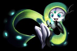  :d black_background commentary creature english_commentary female full_body gen_5_pokemon glowing green_eyes green_hair green_theme happy long_hair meloetta_aria_forme musical_note no_humans open_mouth pokemon pokemon_(creature) smile solo the_boogie 