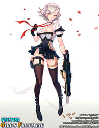  artist_name black_footwear black_gloves boots breasts character_name cleavage dress female full_body girls&#039;_frontline gloves gun holding holding_gun holding_weapon kriss_vector lenn_sparrow open_mouth petals short_hair solo submachine_gun thigh_boots vector_(girls&#039;_frontline) weapon white_background white_dress white_hair yellow_eyes 